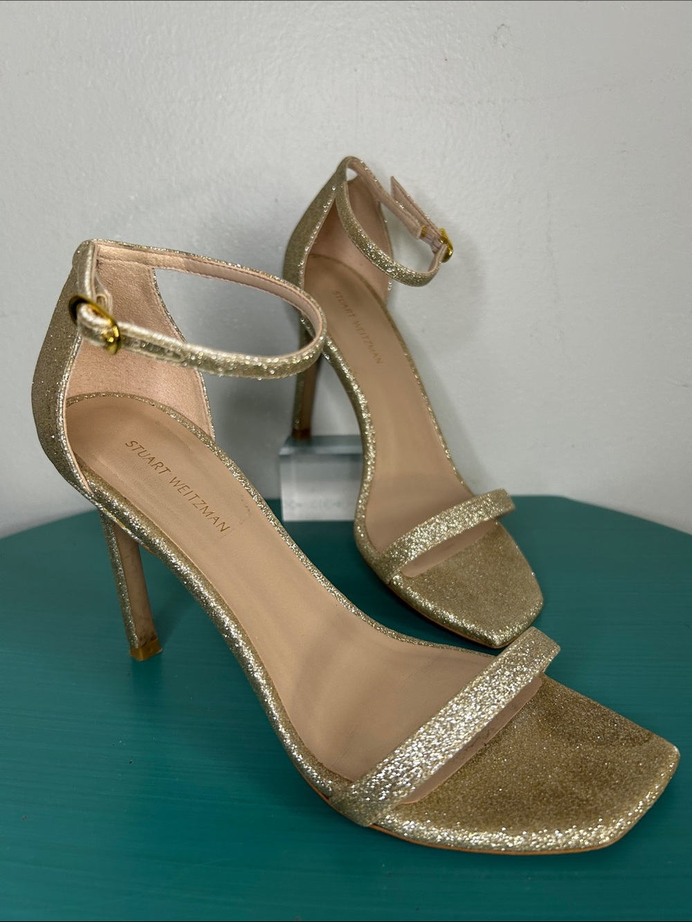 Stuart Weitzman Glitter Gold Ankle-Strap Stilettos